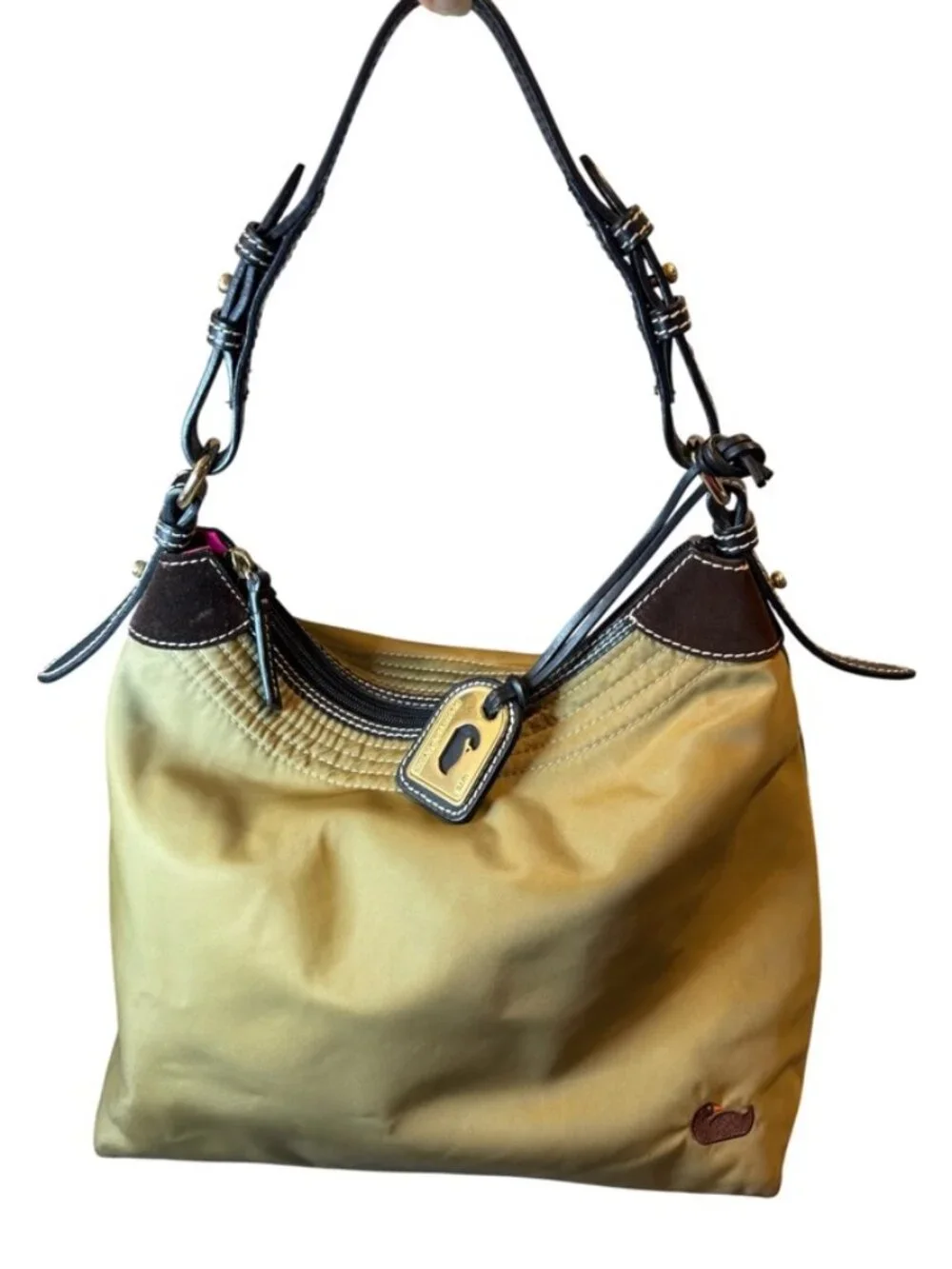 Dooney & Bourke Erica Large Hobo Bag Gold Nylon Brown Suede Trim Shoulder Bag